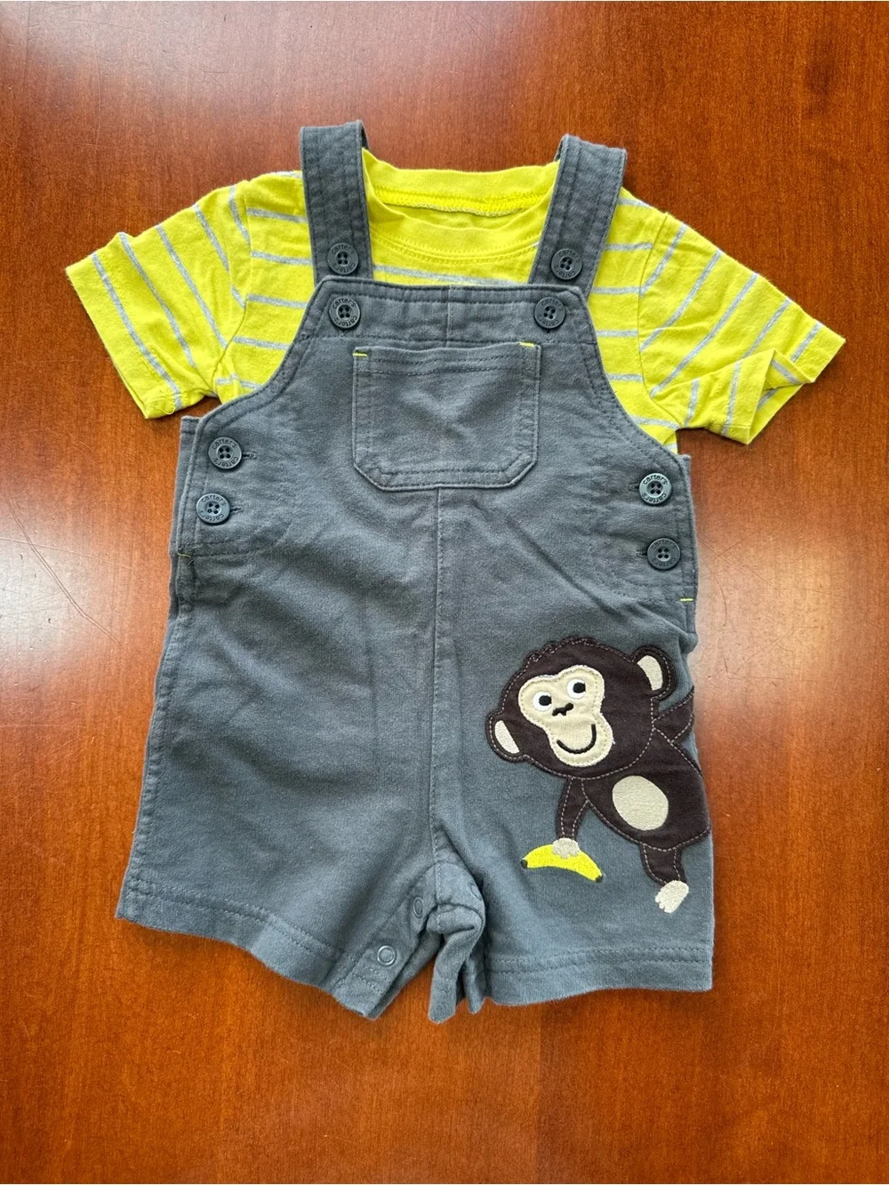 Carter's Yellow Striped Tee with Gray Monkey Shortall Set